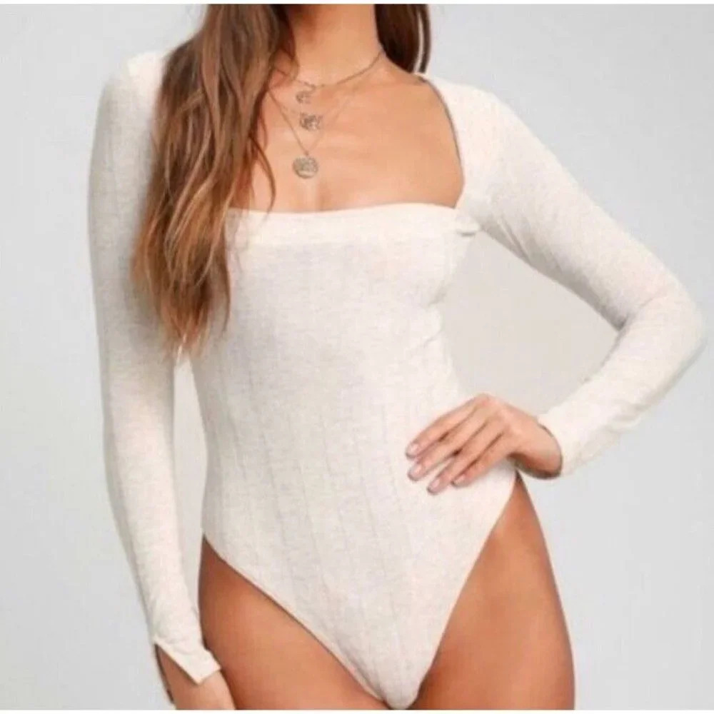 Free People Intimately Beside Me Ribbed Square Neck LS Bodysuit Size Large Wm's
